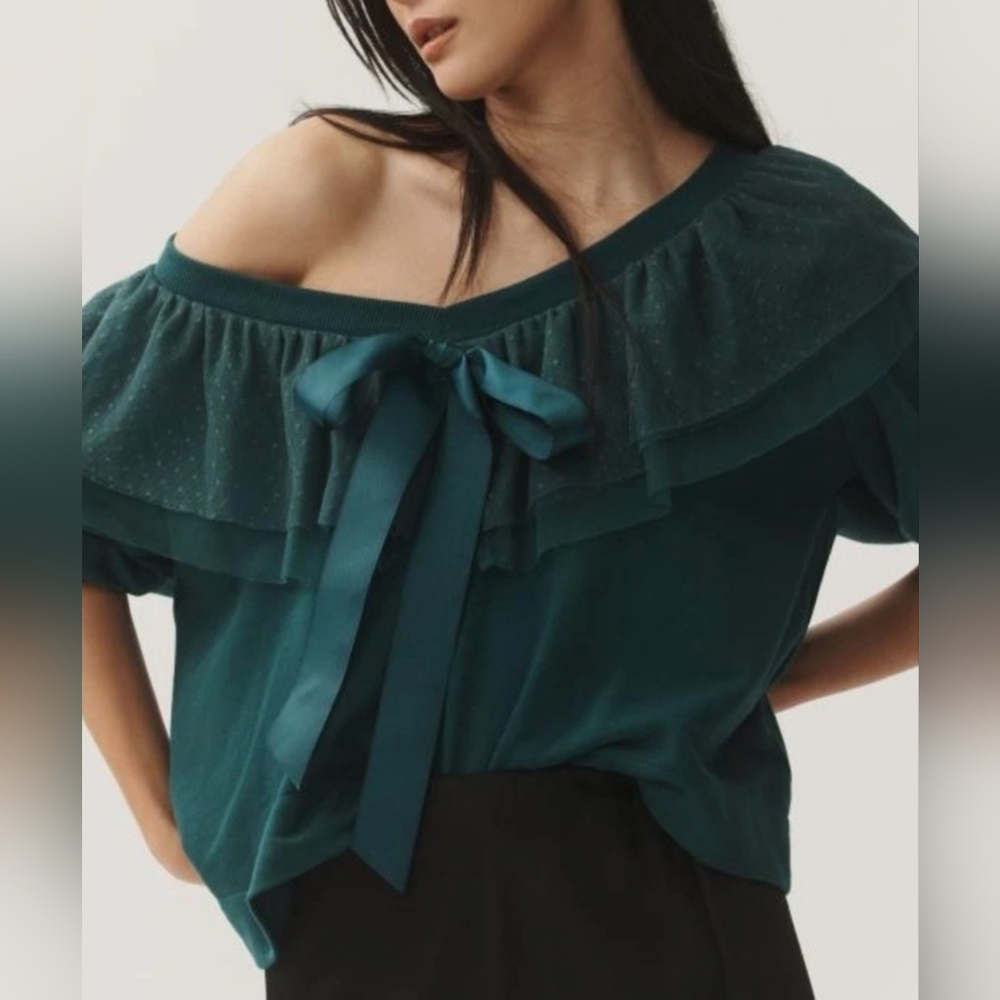 Anthropologie Maeve V-neck Teal Bow Sweater